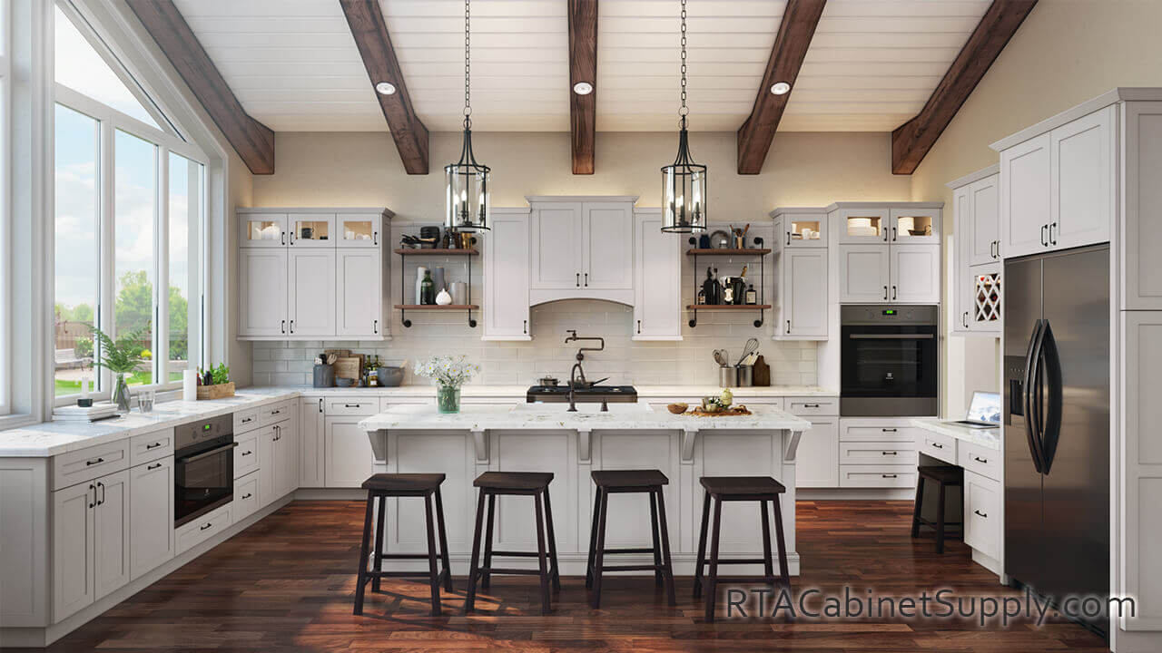 Salem Dove Shaker kitchen full view with glass door cabinets, an island, a countertop, a fridge, lighting, a wine rack cabinet, wall and base cabinets.