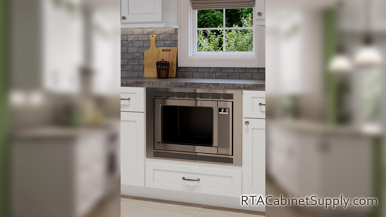Salem White Shaker kitchen close up view with an oven, a countertop, and base cabinets.