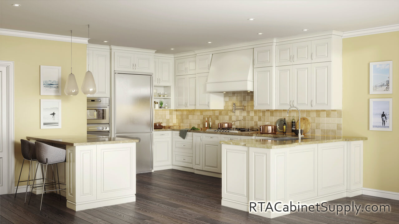 Windsor Ivory kitchen full angle view with a range hood cover, a countertop, an island, wall and base cabinets.