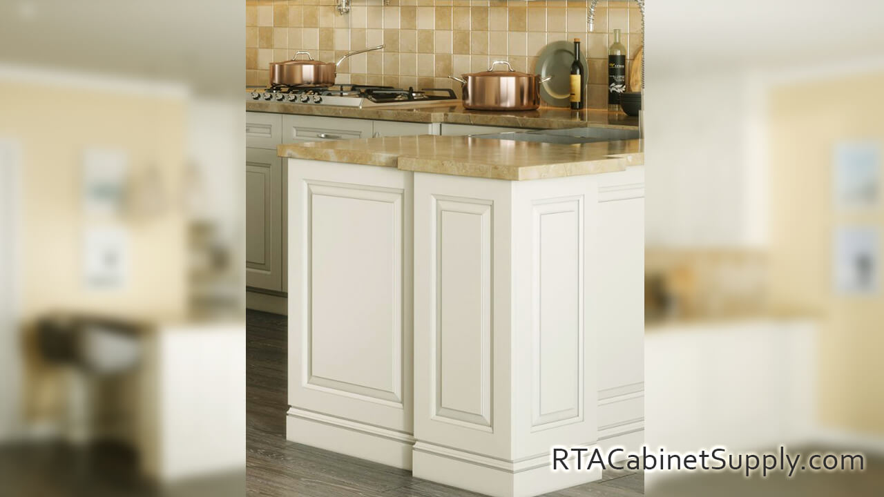 Windsor Ivory kitchen close up view with an island, and base cabinets.