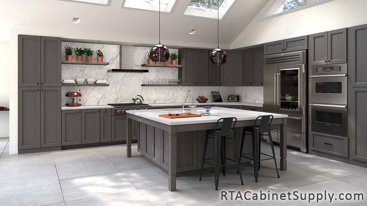 Bristol Grey kitchen full angle view with an island, wall and base cabinets, lighting and open shelving.