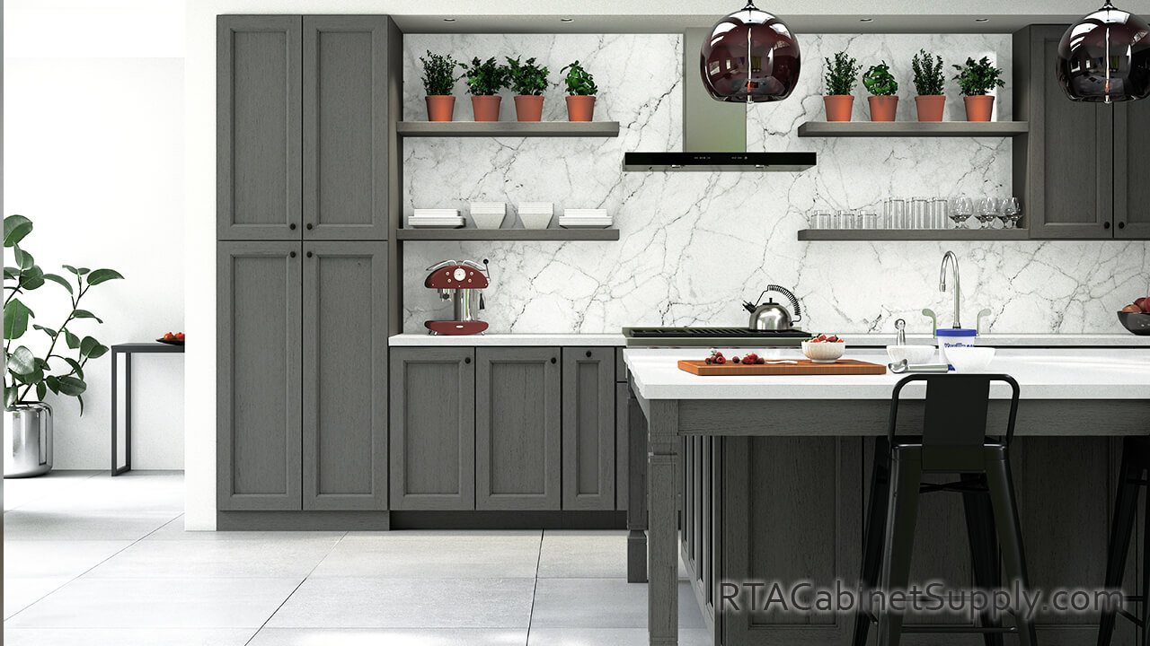 Bristol Grey kitchen close up view with a wall cabinet and a wood carving.