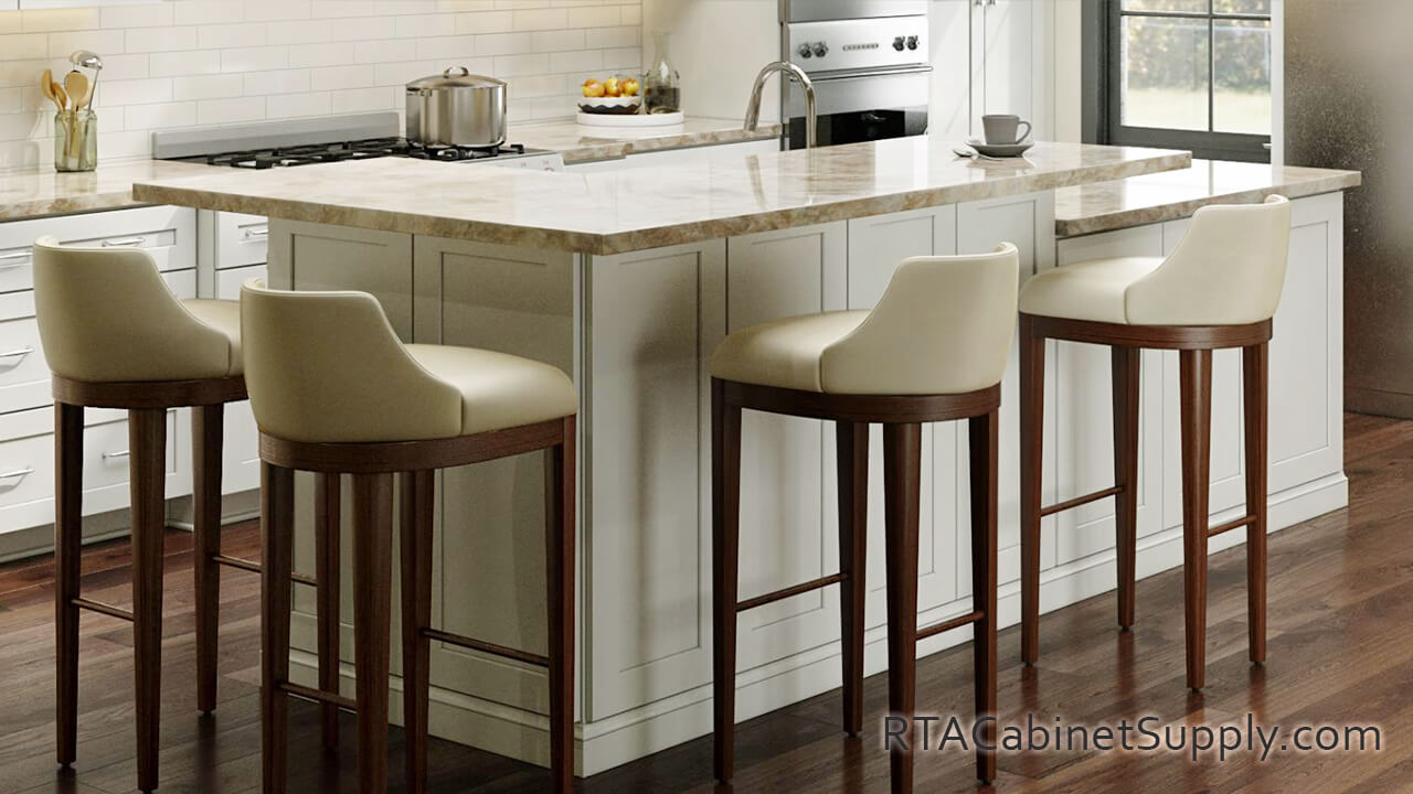 Camden Dove Shaker kitchen close up view with an island and chairs.