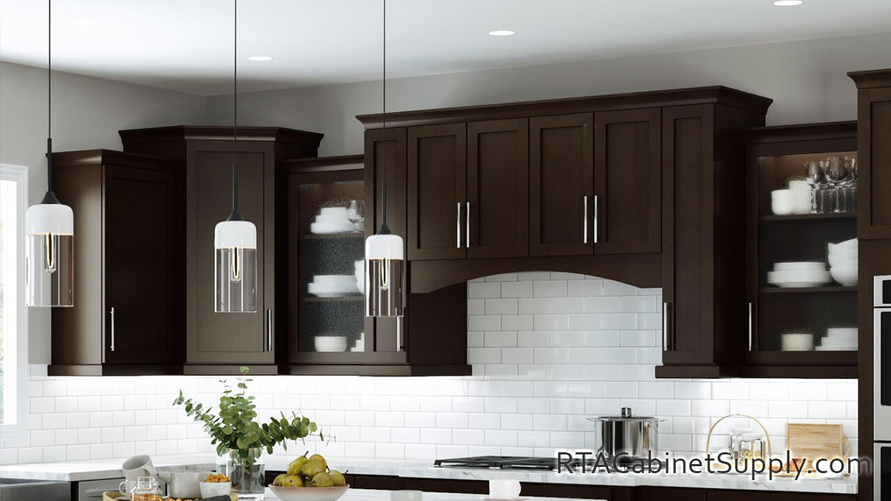 Camden Espresso Shaker kitchen close up angle view with wall cabinet and glass door cabinets.