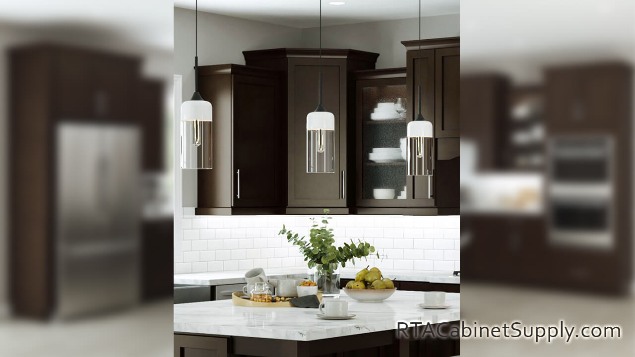 Camden Espresso Shaker kitchen close up view with lighting, wall cabinets and glass door cabinets.