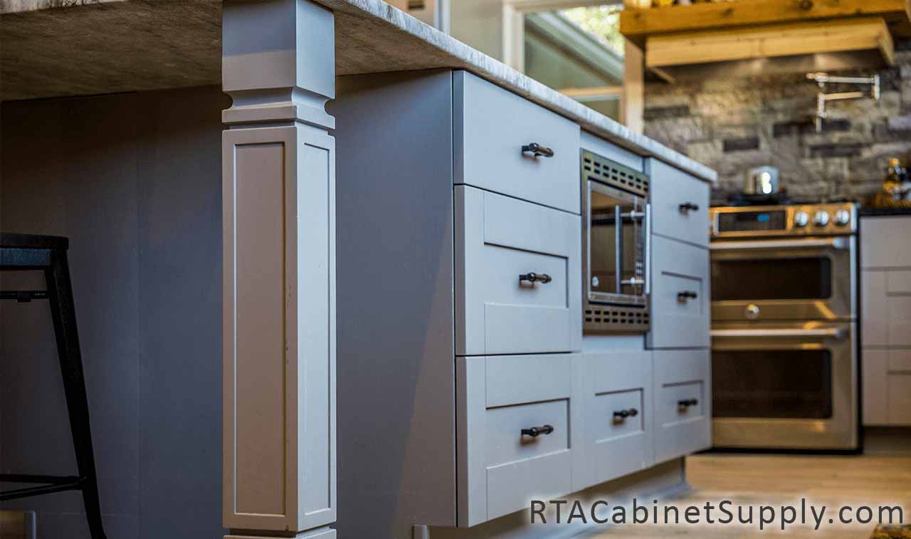 Anchester Grey kitchen close up angle view with an island and base cabinets.
