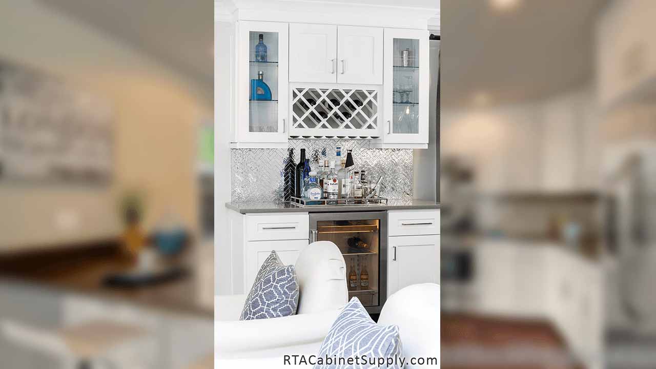 Classic White Shaker kitchen close up view with a wine rack cabinet, wall and base cabinets.