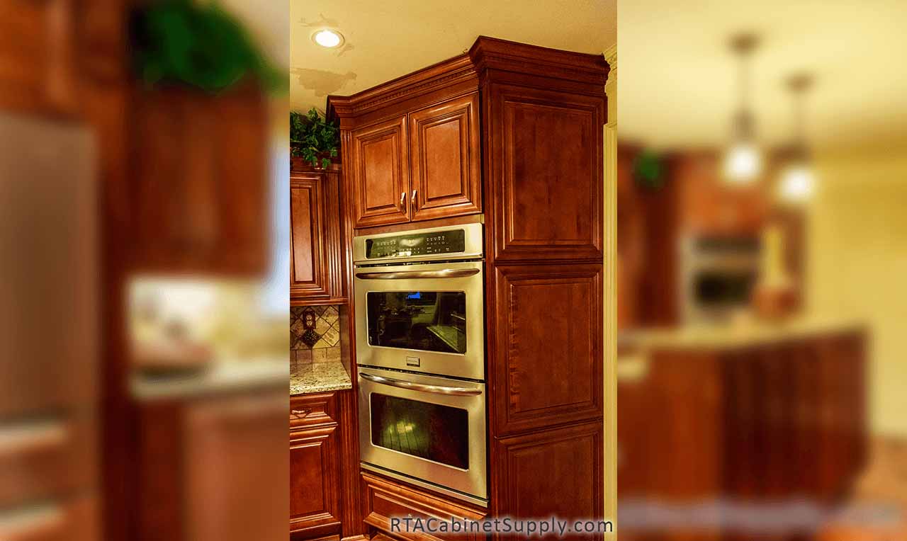 Coffee Cherry kitchen angle view with a double oven base cabinet.