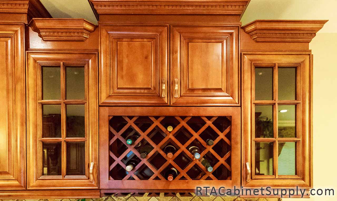 Coffee Cherry kitchen close up view with a wine rack cabinet and a glass door wall cabinet.