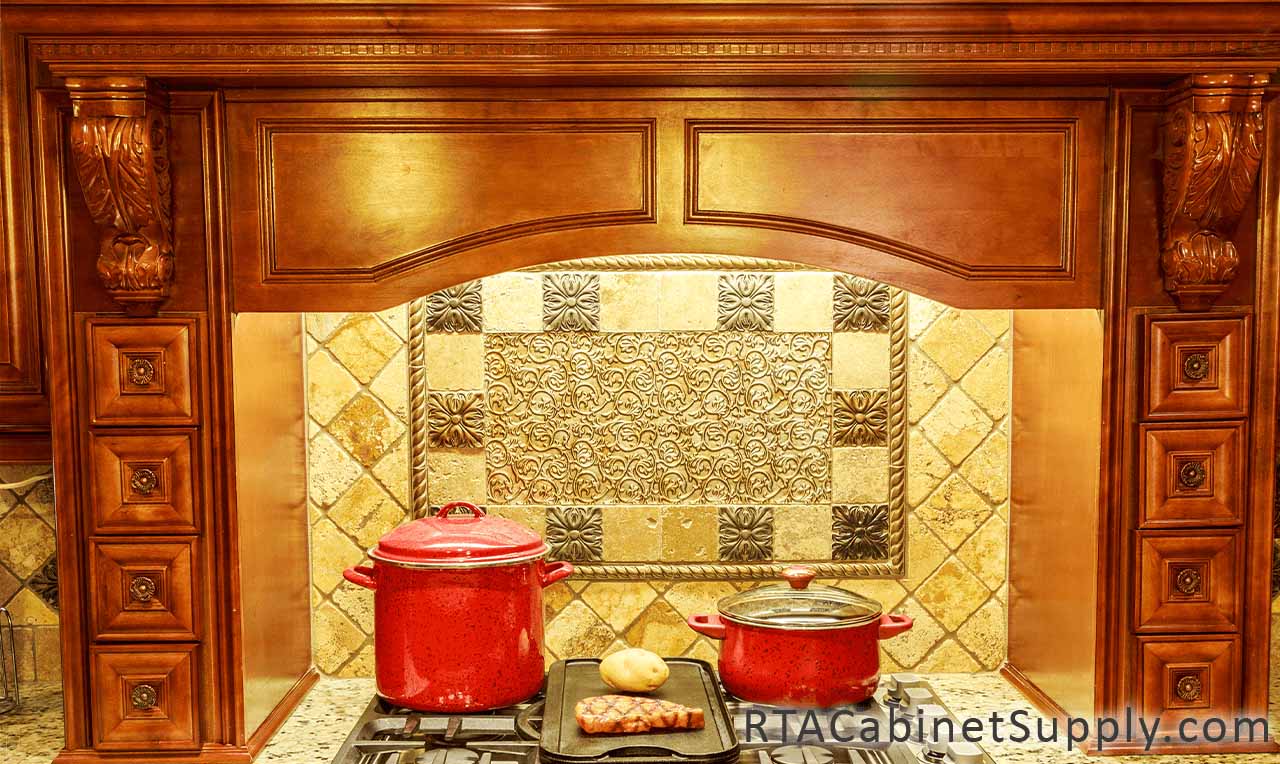 Coffee Cherry kitchen close up view with a range hood cover.