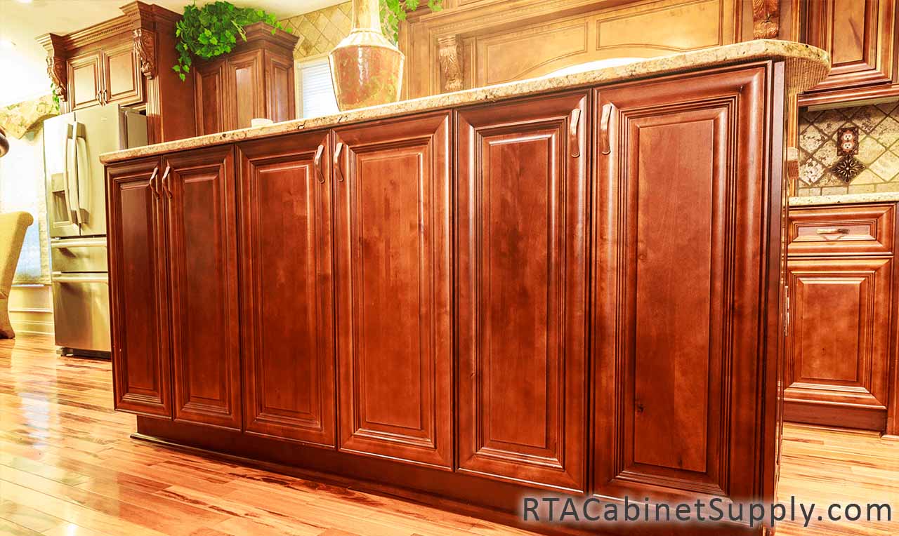 Coffee Cherry kitchen close up view with base cabinets.