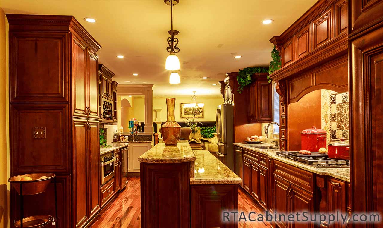 Coffee Cherry kitchen full view with a wine rack cabinet, wall and base cabinets, a range hood cover and an island.