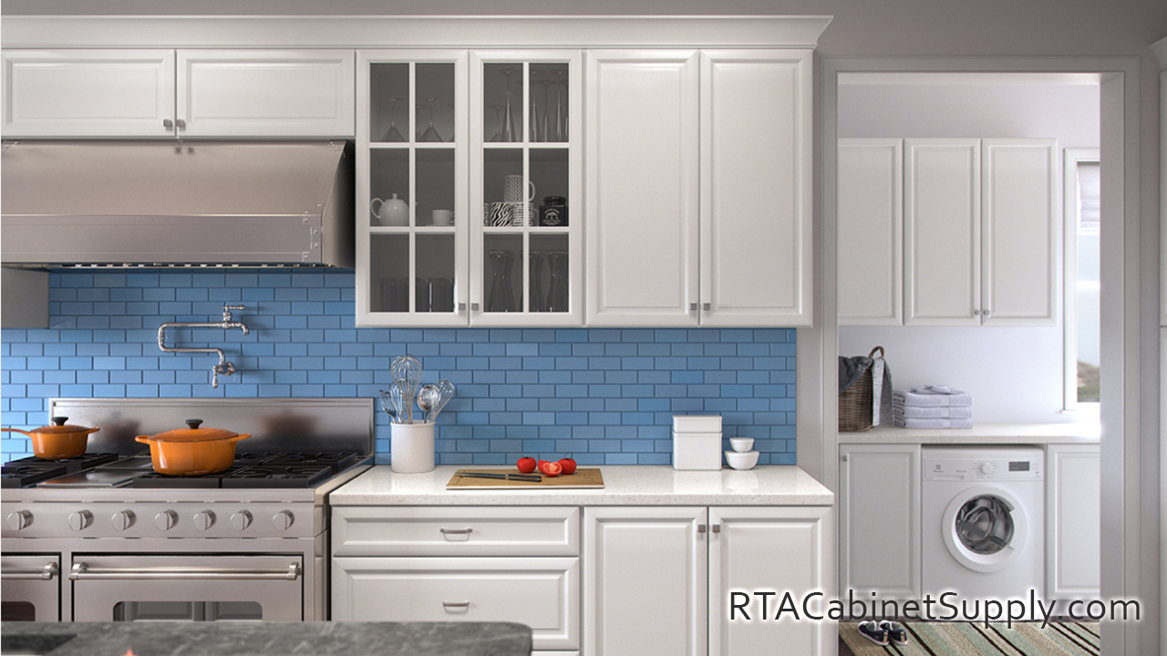 Concord Brilliant White kitchen full view with wall and base cabinets, a glass door wall cabinet, a range hood, wall and base cabinets.