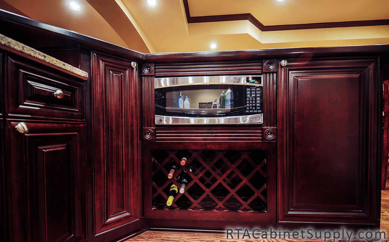 Edinburgh Espresso kitchen close up view with a wine rack cabinet and base cabinets.