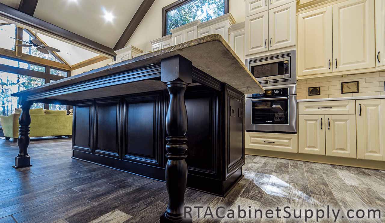 Edinburgh Espresso kitchen close up angle view with an island, an oven, wall and base cabinets.