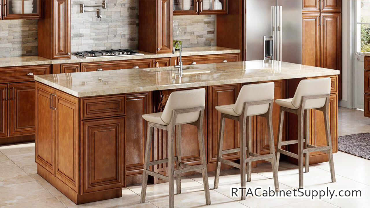 Hawick Chestnut Glaze kitchen close up view with an island, chairs, and base cabinets.