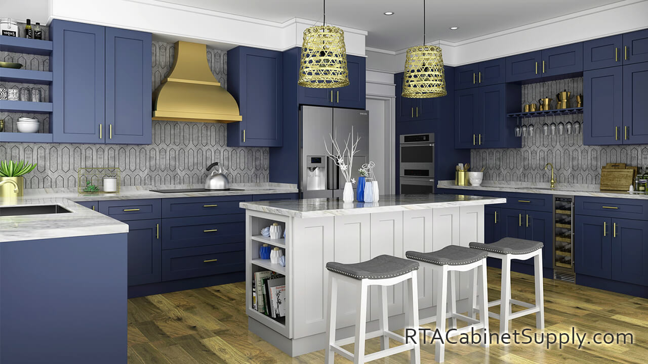 Madison Blue Shaker kitchen full angle view with a fridge, open shelves, an island, lighting, wall and base cabinets.