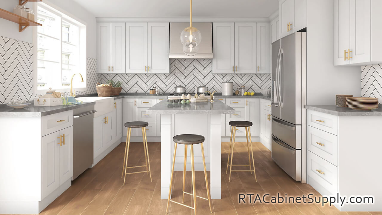 Madison White Shaker kitchen full angle view with a fridge, an island, a countertop, lighting, wall and base cabinets.
