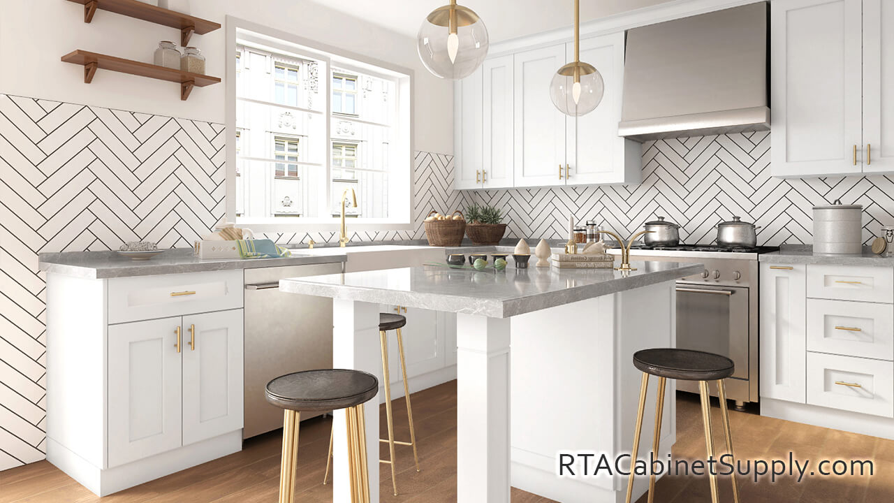 Madison White Shaker kitchen angle view with open shelves, lighting, wall and base cabinets.