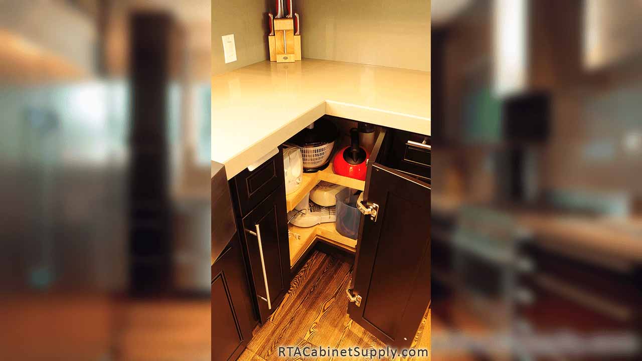 Modern Espresso kitchen angle view with a countertop, and an easy reach cabinets.