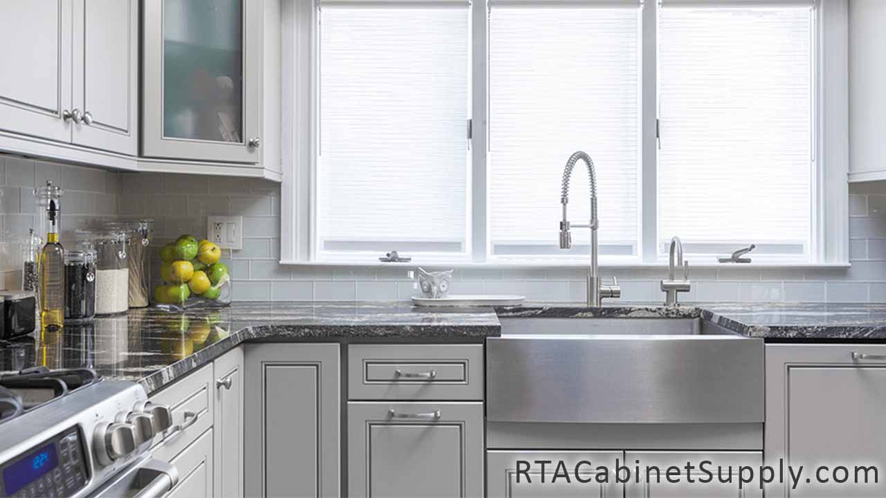 Modern Grey kitchen close up view with a farmhouse sink cabinet, a countertop, wall and base cabinets.