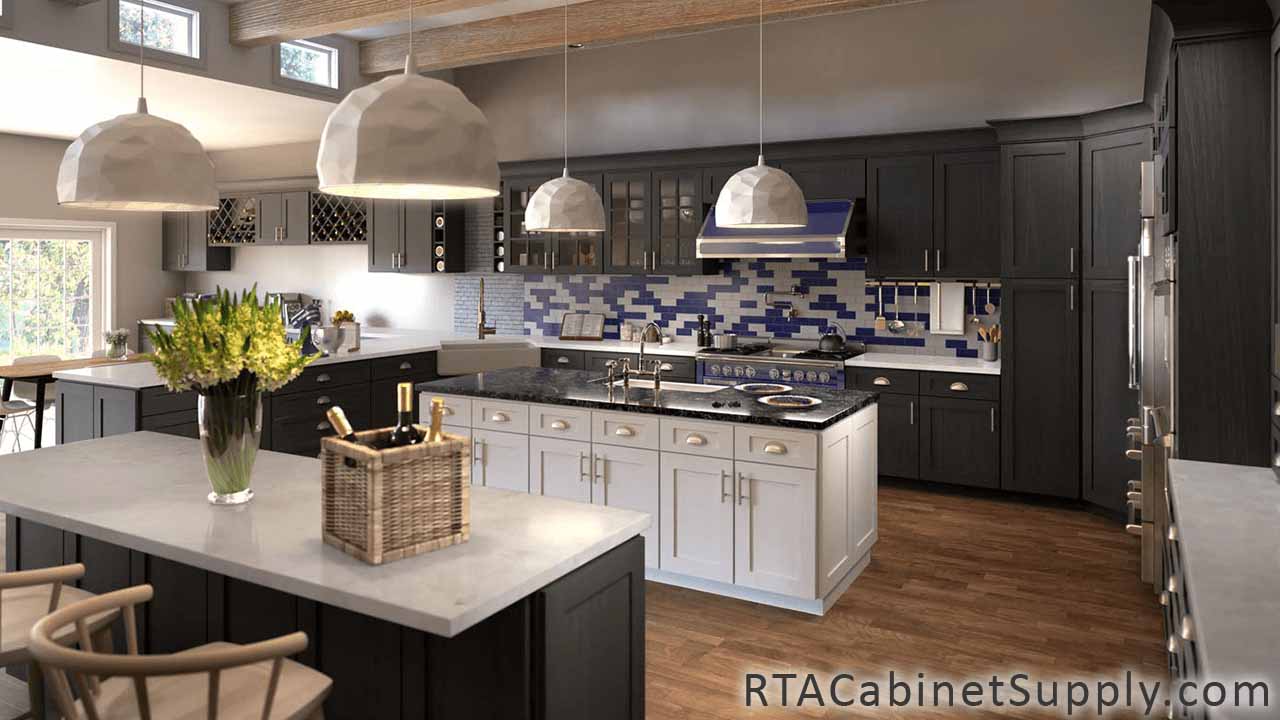 Newport Smoke Shaker kitchen full view with a range hood, wine rack cabinets, an island, a countertop, glass door cabinets, pantry cabinets, wall and base cabinets.