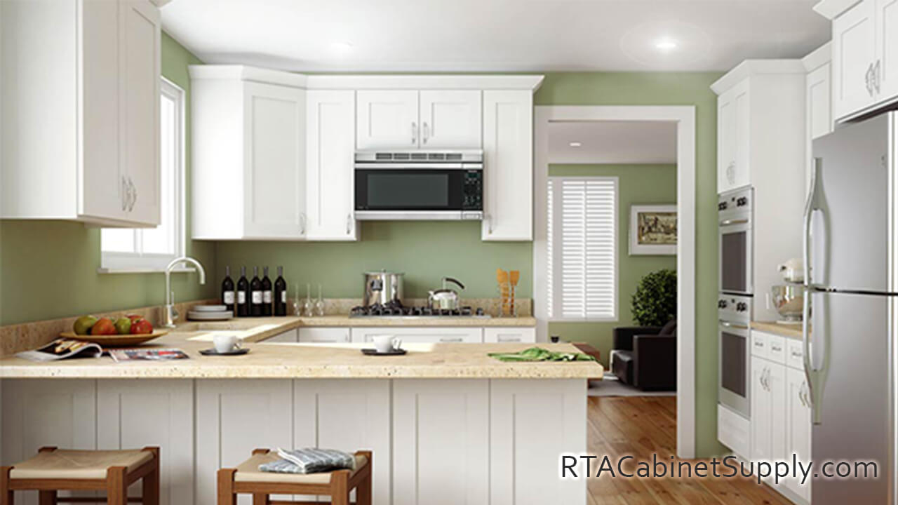 Newport White Shaker kitchen full view with a countertop, a fridge, an oven, chairs, wall and base cabinets.