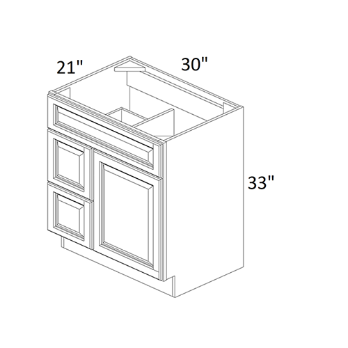 Classic White Shaker Vanity Base Cabinet 30 Wide Left Side